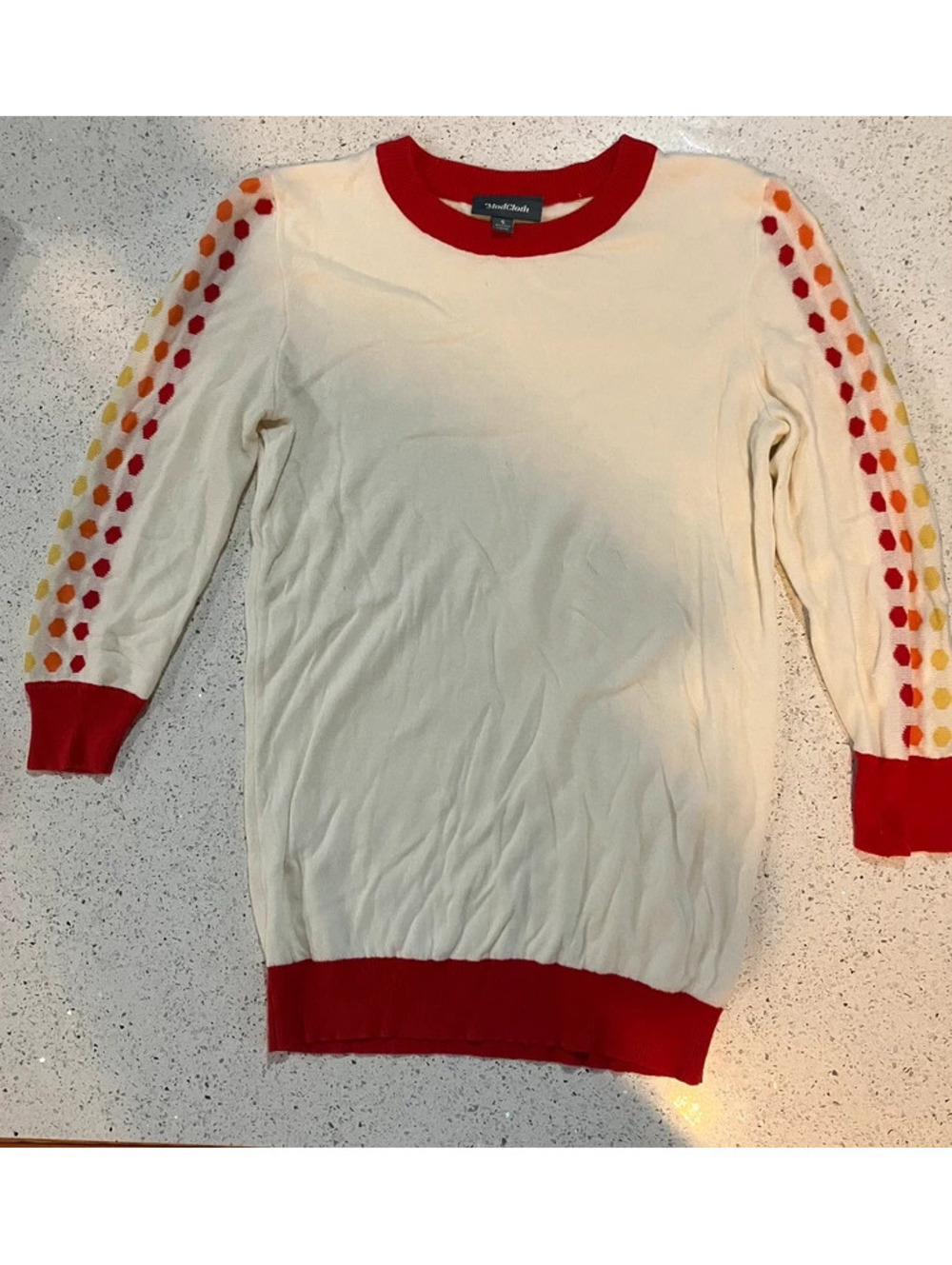 Whimsical Polka Dot Sweater White Red Rainbow Spotty Sleeve Indie Cottagecore